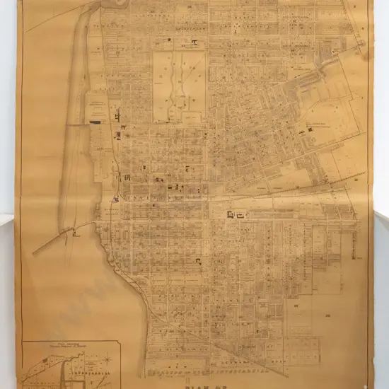 vintage large paper on linen wall map of Invercargill on wooden hangers - no date, a few pencil marks H-1420 W-1010
