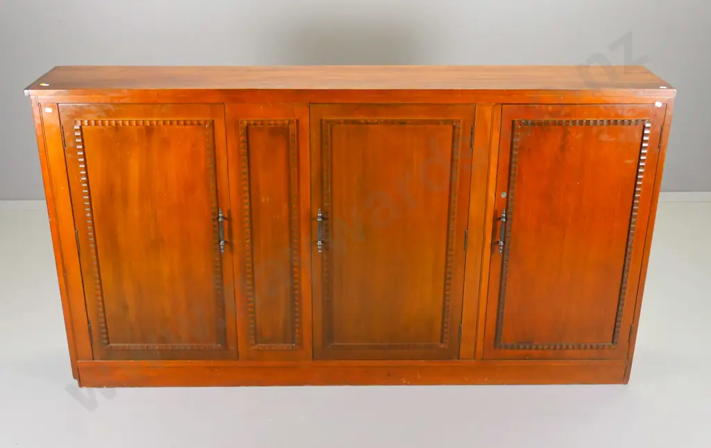 dark stained timber 3-door cupboard unit with beaded detailing, metal handles H-980 W-1800 D-280 Image 1++