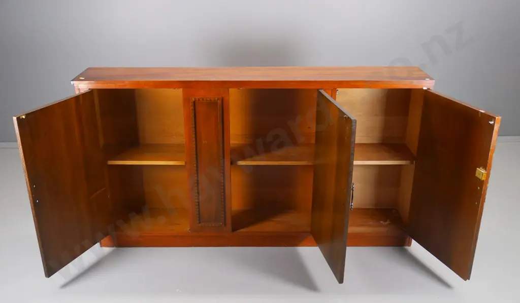 dark stained timber 3-door cupboard unit with beaded detailing, metal handles H-980 W-1800 D-280 Image 1++