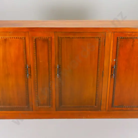 dark stained timber 3-door cupboard unit with beaded detailing, metal handles H-980 W-1800 D-280