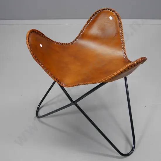retro triangular leather and black painted metal saddle stool H-560 W-470 D-470