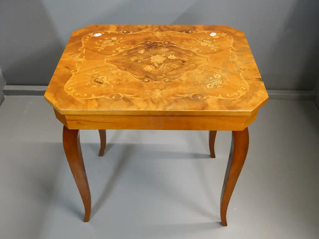 Sorrento style inlaid musical lift-up lid table H-440 W-400 D-325 Image 1++
