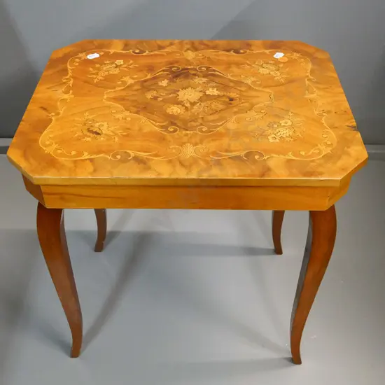 Sorrento style inlaid musical lift-up lid table H-440 W-400 D-325