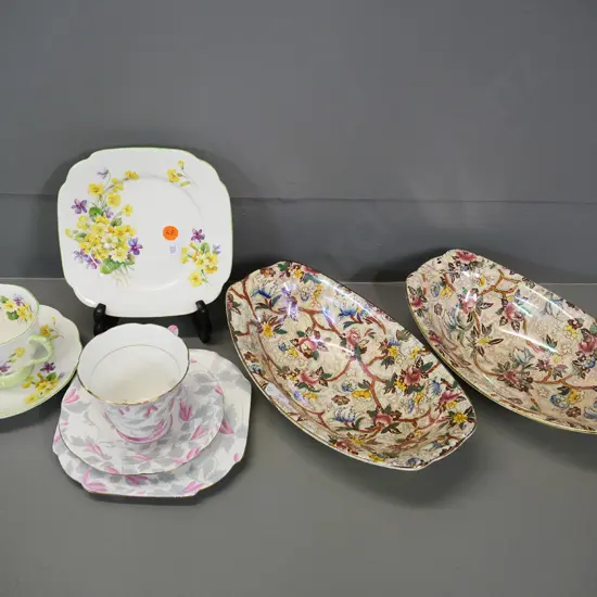 English china items - 2 Maling AOF dishes L-250 W-150, Royal Albert Primulette and Grafton trios