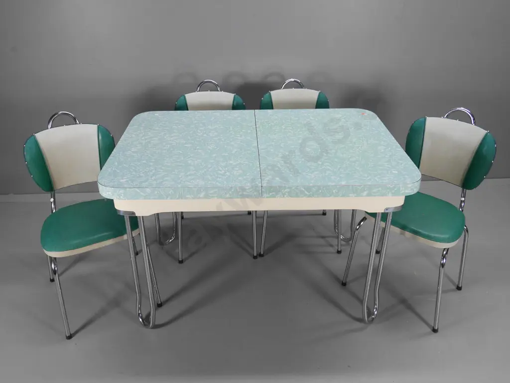 retro 5 piece formica top extending table with chrome legs with 4 vinyl upholstered chairs H-760 W-1200 closed W-800 Image 1++