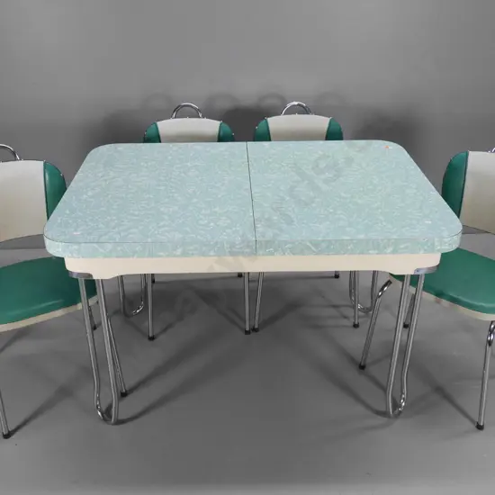 retro 5 piece formica top extending table with chrome legs with 4 vinyl upholstered chairs H-760 W-1200 closed W-800