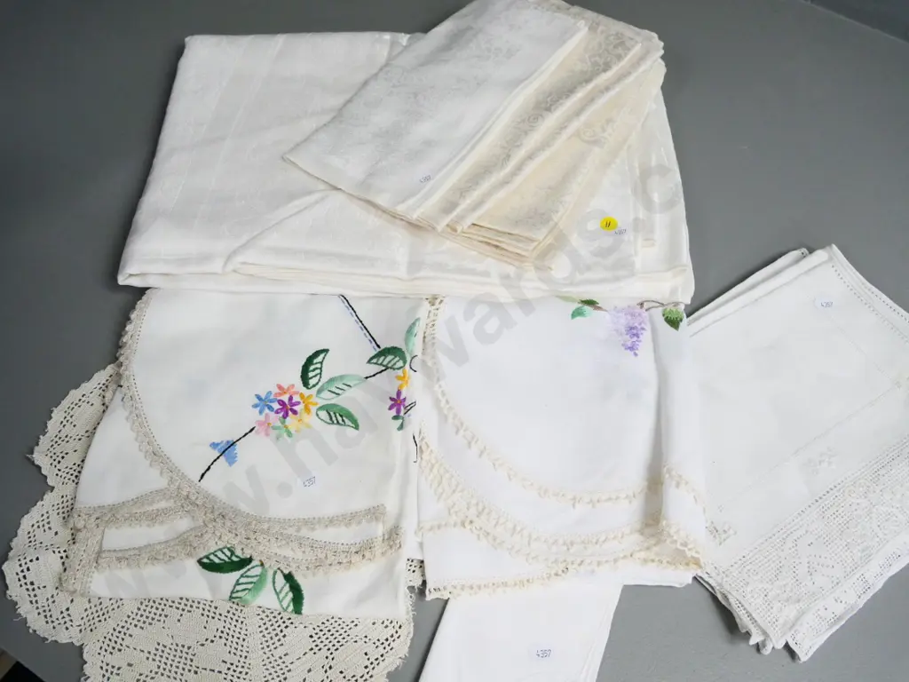 vintage table linen including damask table cloth & napkins, 2 hand embroidered supper cloths, etc. Image 1++