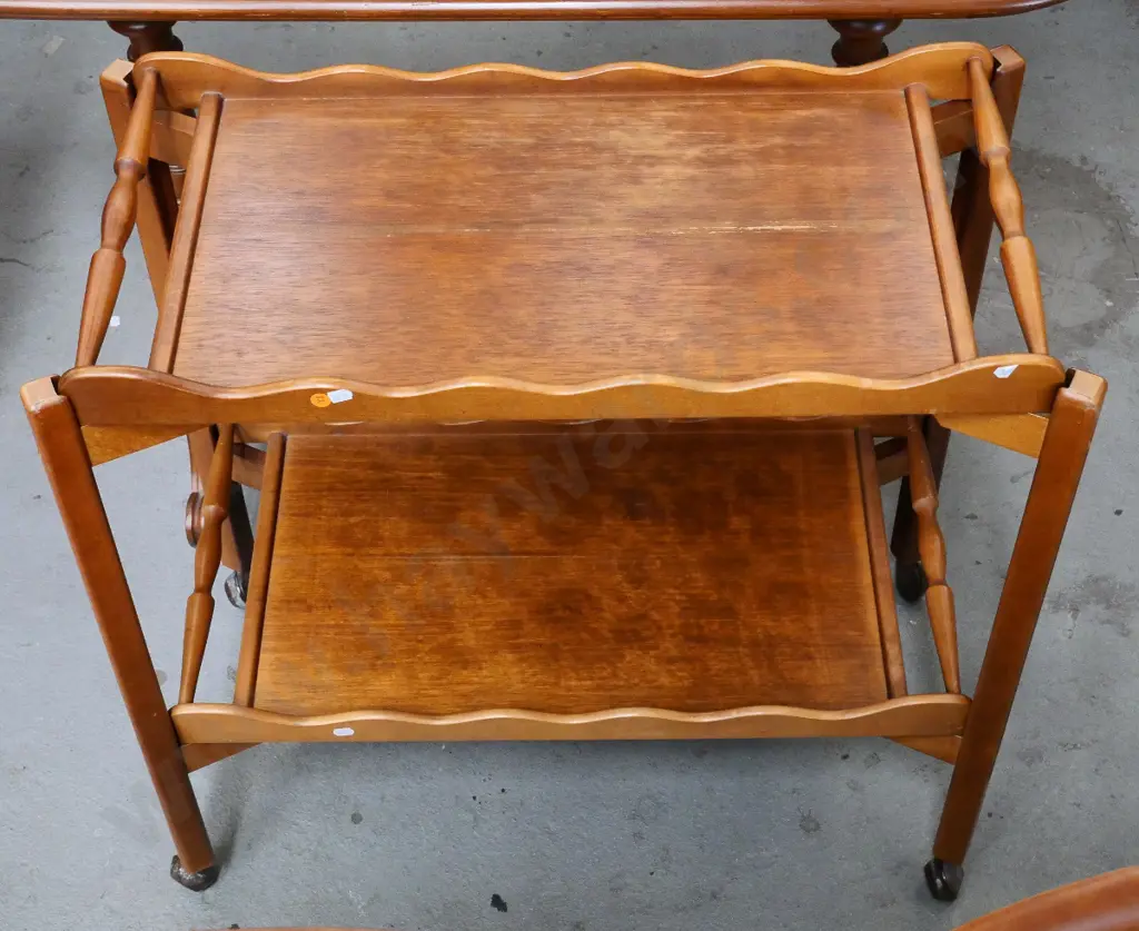 retro timber tea wagon with 2 lift off trays on casters - veneer on tray needs attention H-730 W-760 D-380 Image 1++