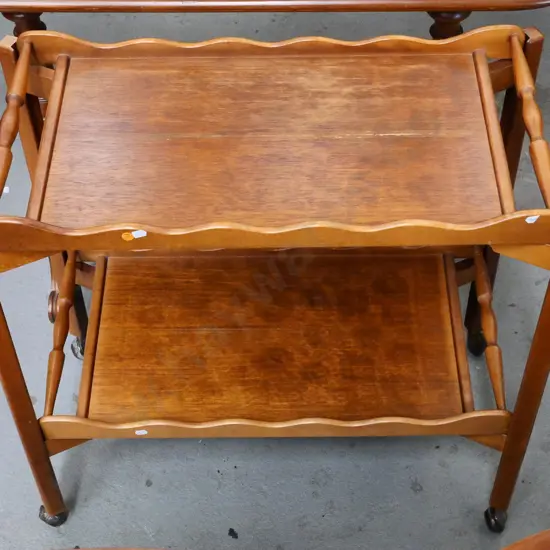 retro timber tea wagon with 2 lift off trays on casters - veneer on tray needs attention H-730 W-760 D-380