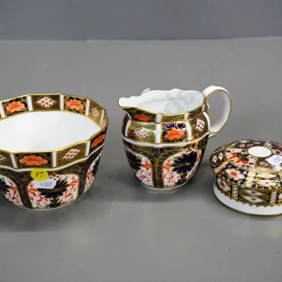 Imari pattern china - Royal Crown Derby cream & sugar and an Aynsley trinket dish