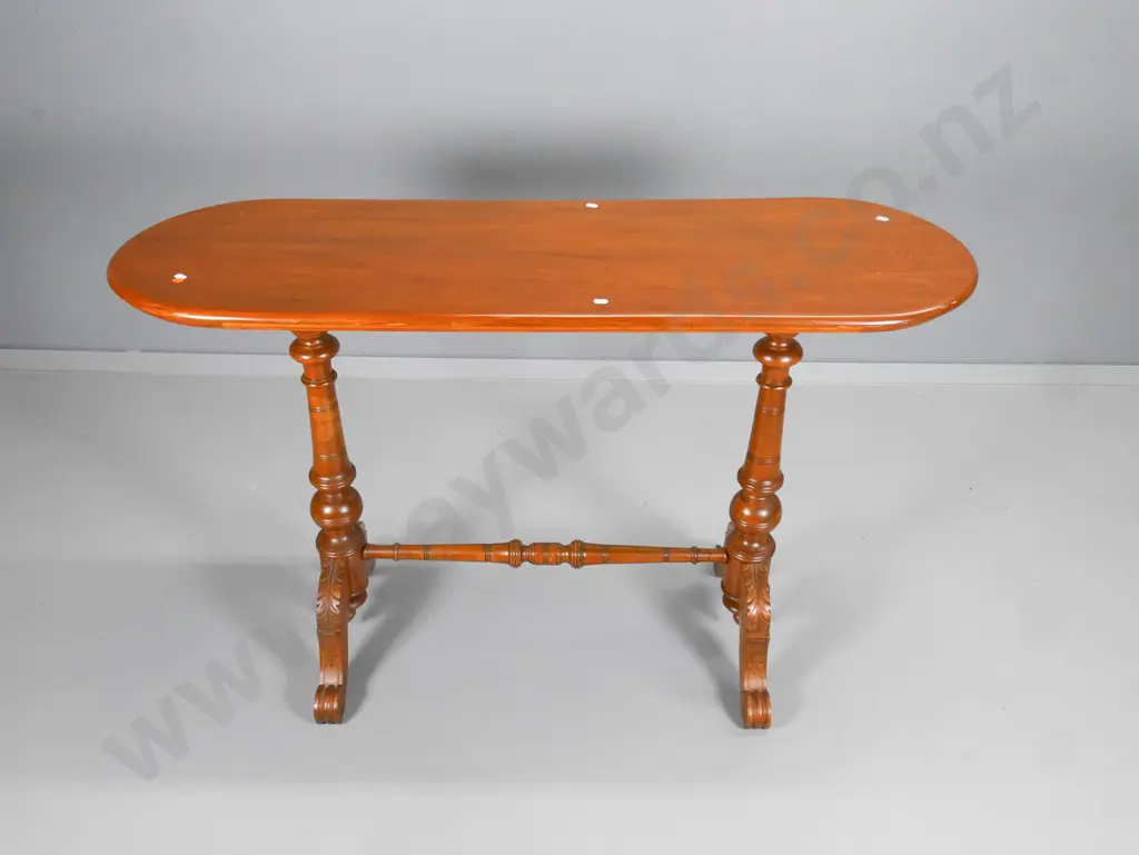 vintage kauri oval top hall table with carved stretcher base H-740 W-1190 D-390 Image 1++