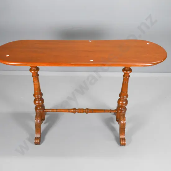 vintage kauri oval top hall table with carved stretcher base H-740 W-1190 D-390