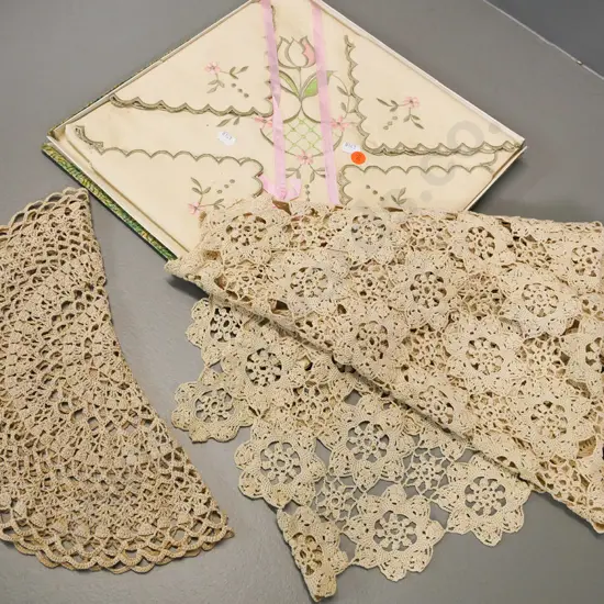 vintage boxed embroidered linen supper cloth with 4 napkins (some marking) and a crocheted supper cloth & doily