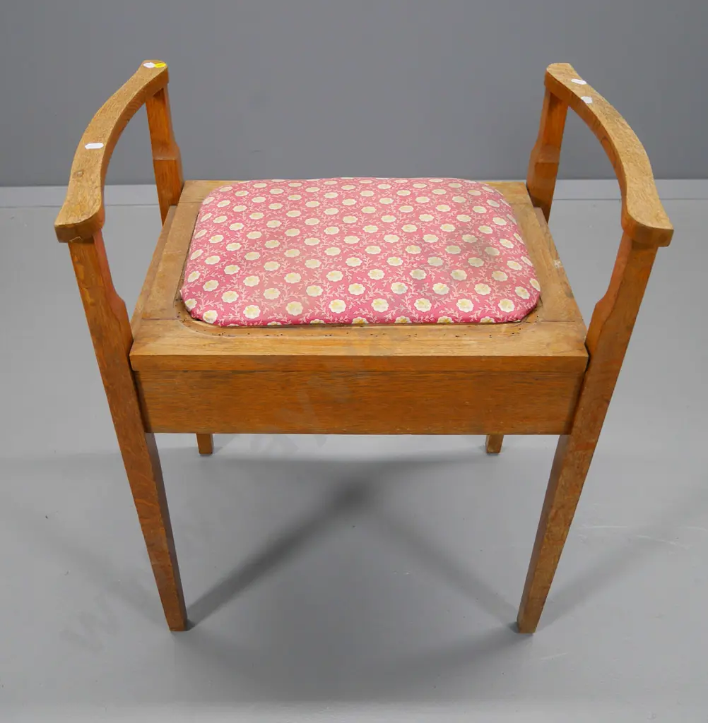 oak piano stool with lift-up seat, needs re-upholstery, comes with length of matching fabric H670 W-570 D-400 Image 1++
