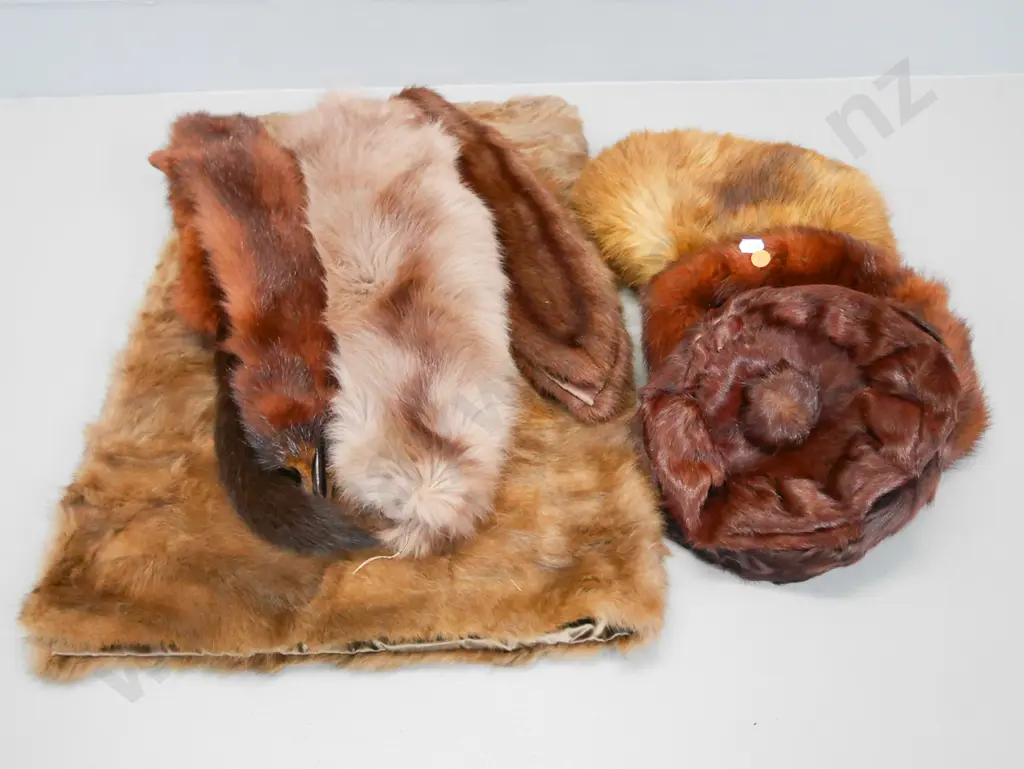 assortment of fur items - 3 hats, lap throw, 3 stoles Image 1++
