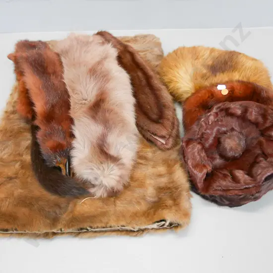 assortment of fur items - 3 hats, lap throw, 3 stoles
