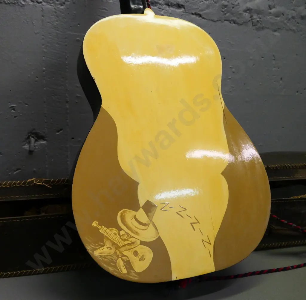 vintage acoustic guitar with painted back, various replacement strings, case Image 1++