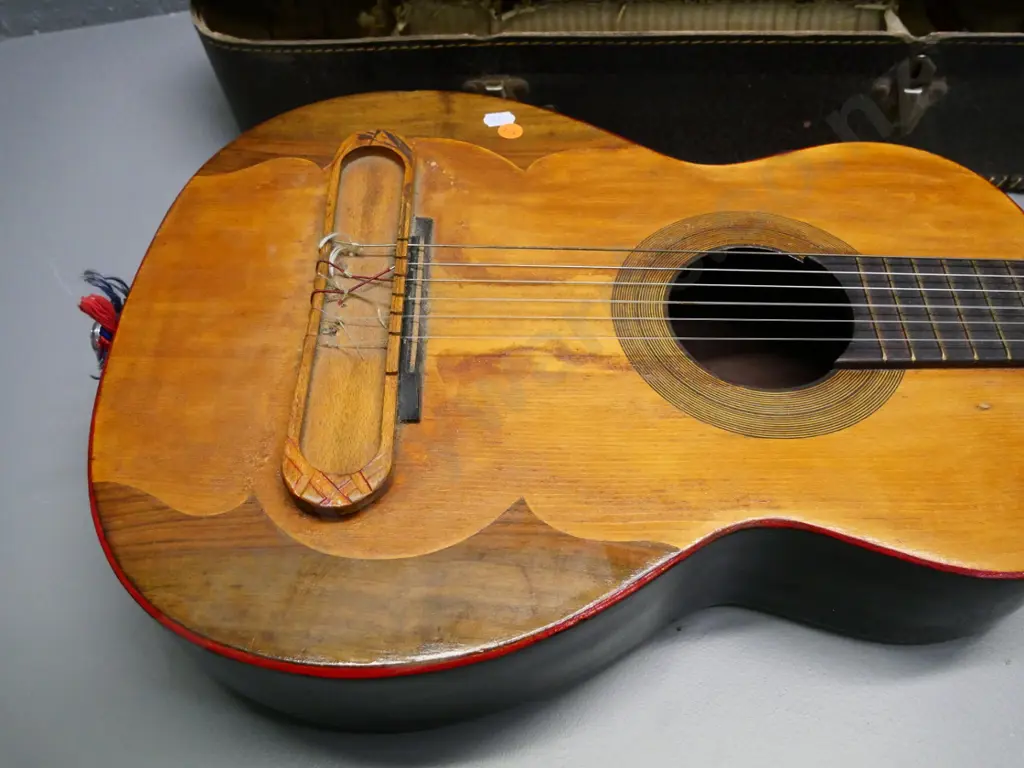 vintage acoustic guitar with painted back, various replacement strings, case Image 1++