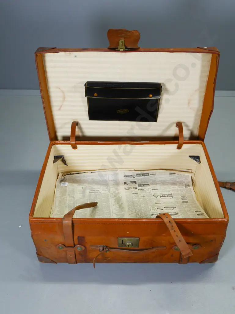 bullock hide travel trunk - brass studs and hardware, interior satchel embossed John Pound & Co London H-350 W-840 D-550 Image 1++