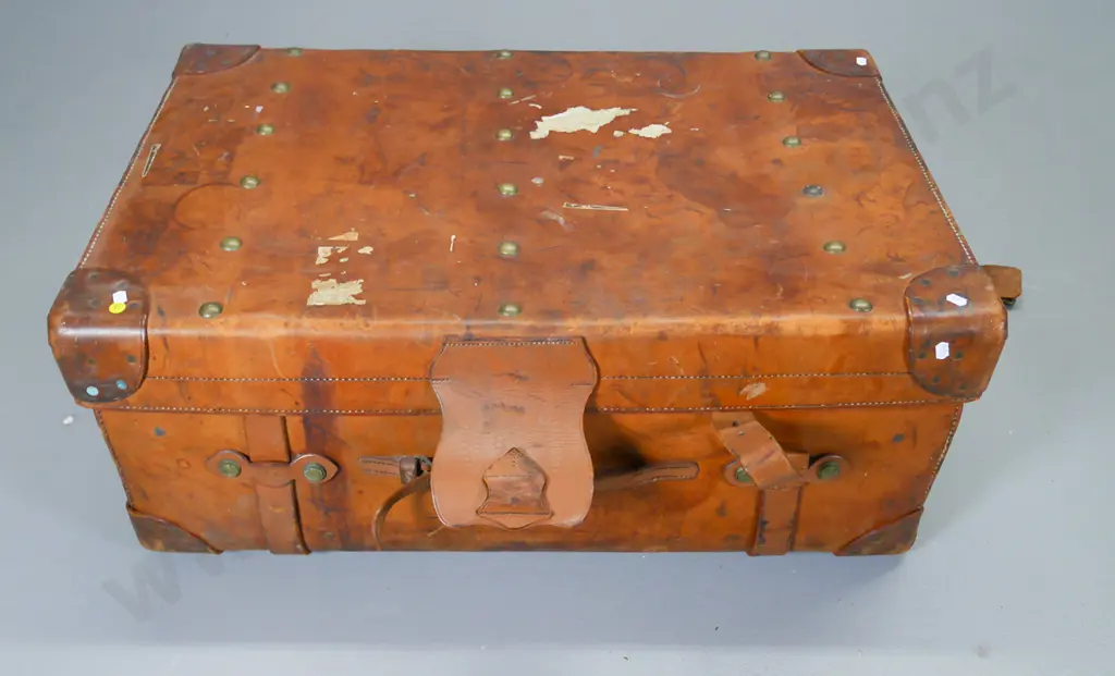 bullock hide travel trunk - brass studs and hardware, interior satchel embossed John Pound & Co London H-350 W-840 D-550 Image 1++