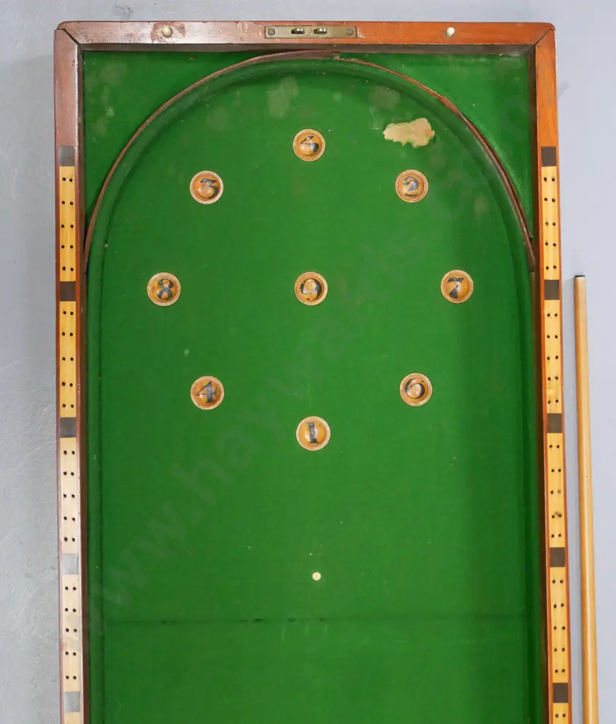 vintage folding bagatelle game with cues and balls, inlay score markers, brass catches - wear & tear L-1030 open W-450 Image 1++