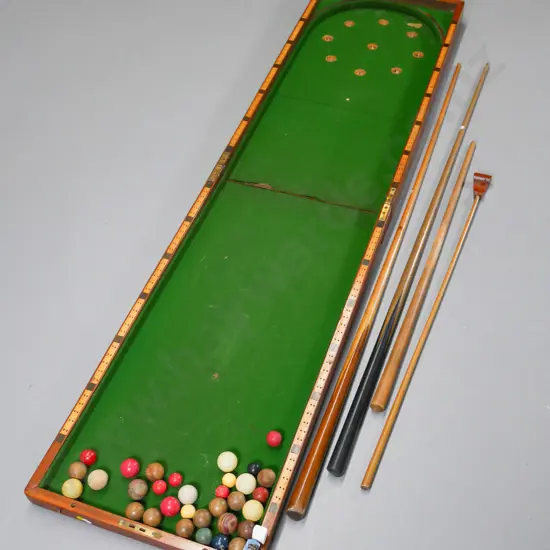 vintage folding bagatelle game with cues and balls, inlay score markers, brass catches - wear & tear L-1030 open W-450