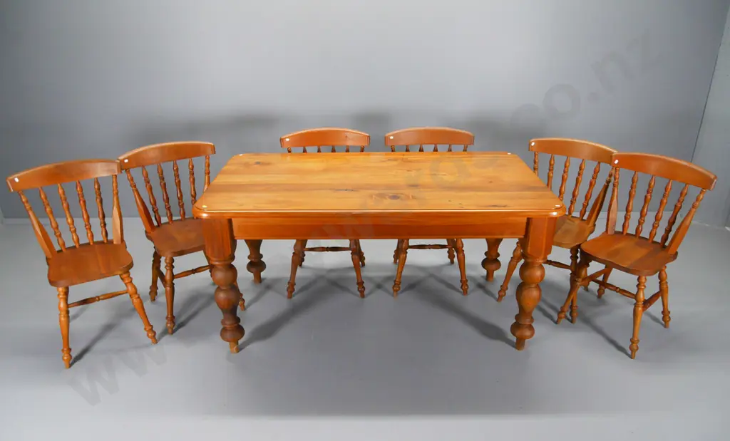 recycled rimu early colonial style dining table w/ 6 spindle back chairs H-780 L-1600 W-880 Image 1++