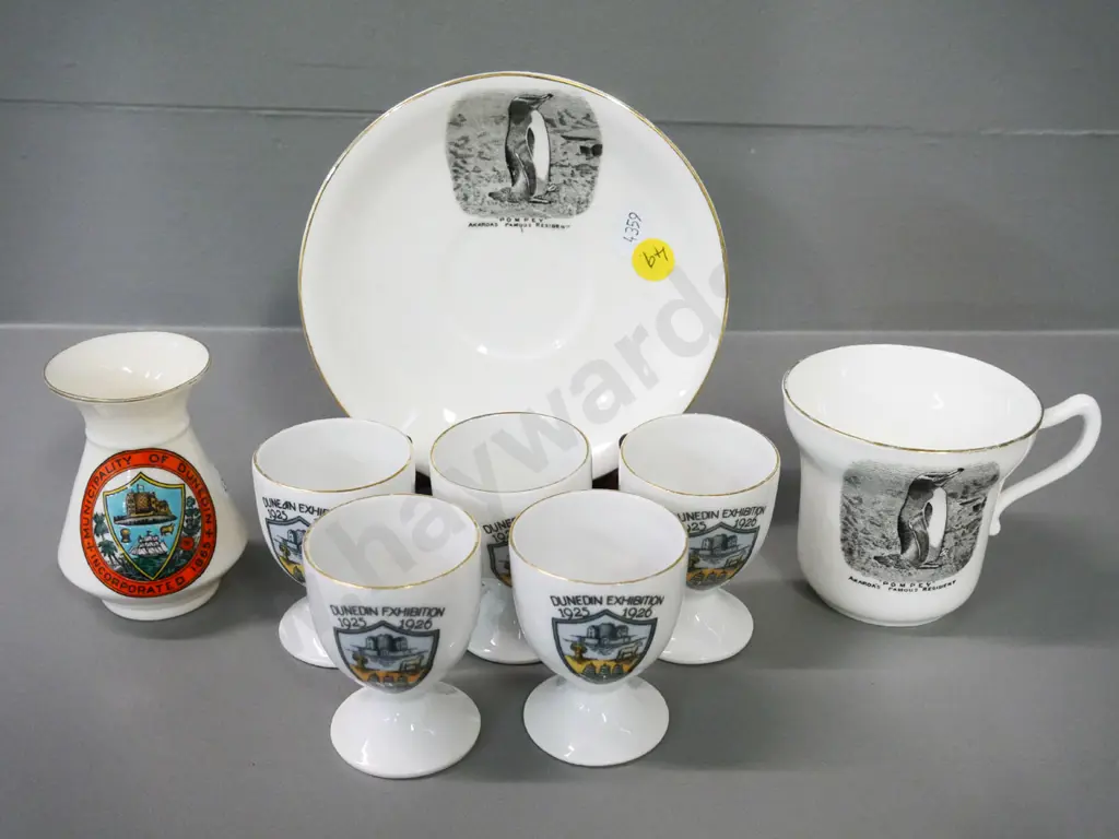 English made New Zealand souvenir ware - Pompey the Akaroa penguin, 5 Dunedin Exhibition eggcups, Dunedin vase Image 1++