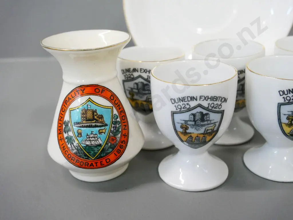 English made New Zealand souvenir ware - Pompey the Akaroa penguin, 5 Dunedin Exhibition eggcups, Dunedin vase Image 1++