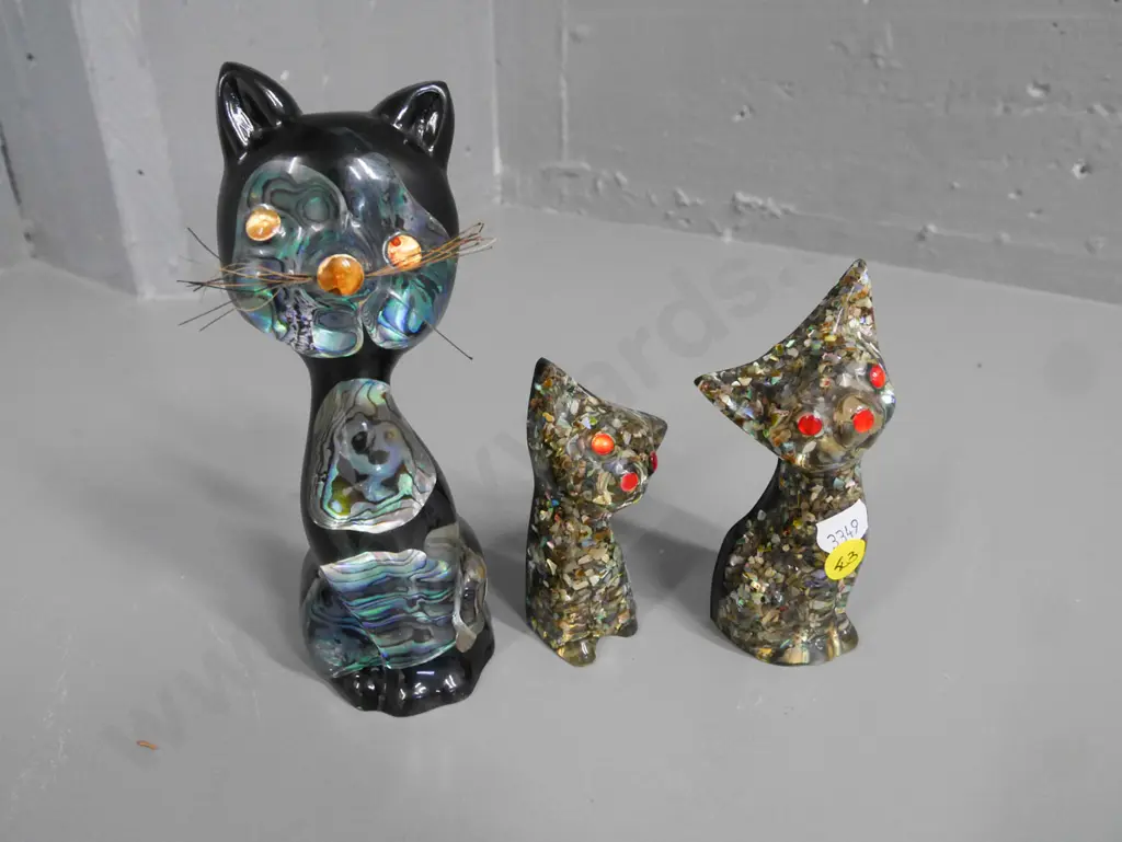 3 resin and paua chip cat figures, largest H-160 Image 1++