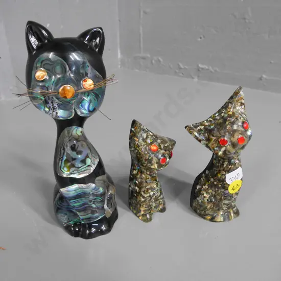 3 resin and paua chip cat figures, largest H-160