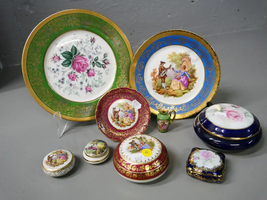 assorted Limoges china - 3 plates, 5 covered bowls, and a small jug. Largest plate is D-200 Image 1++