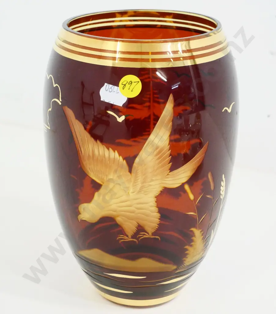 red and amber glass vase with etched decoration and gold trim H-210 Image 1++