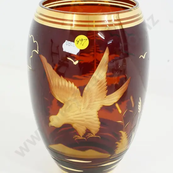 red and amber glass vase with etched decoration and gold trim H-210