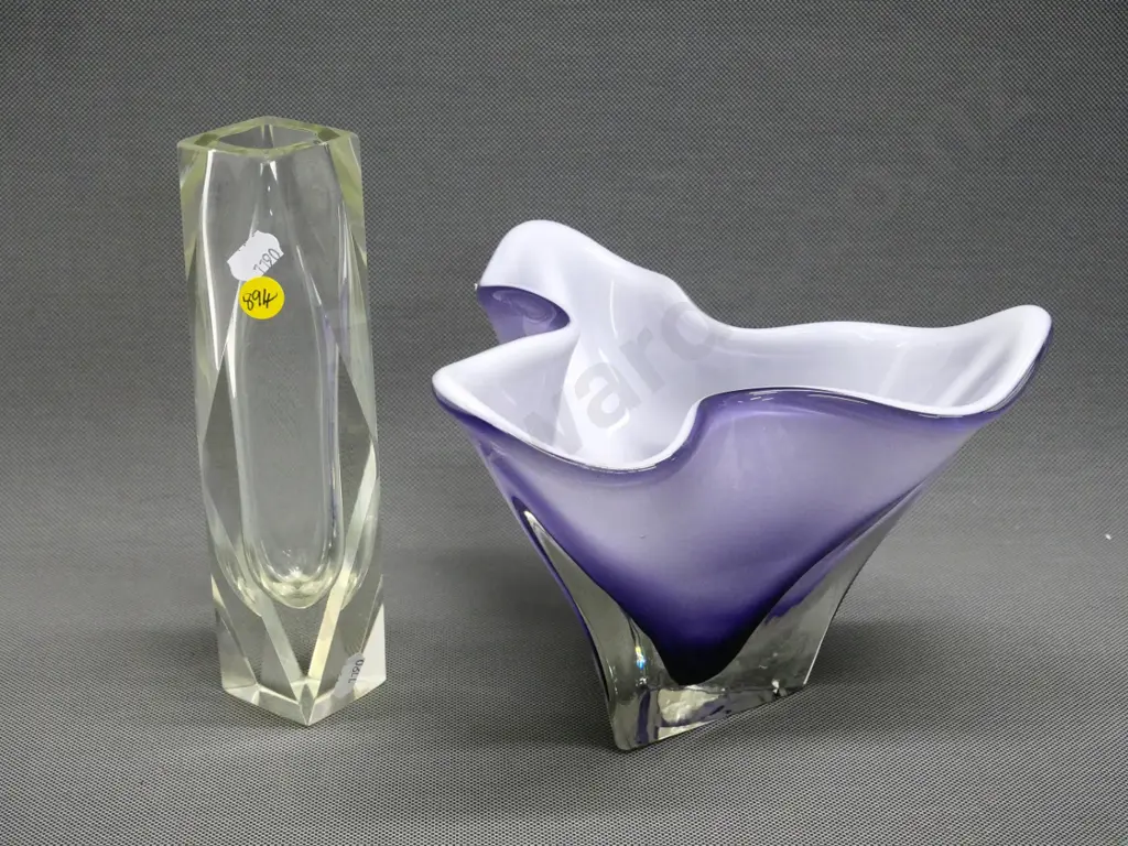 2 art glass vases - clear faceted vase H-210 and a Hineri Japanese lavender white-lined vase Image 1++