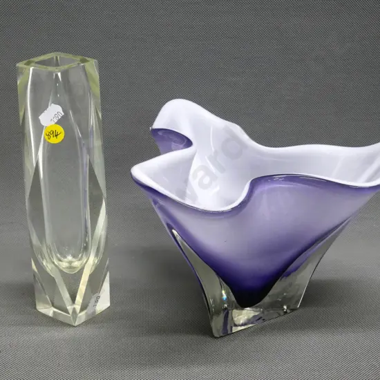 2 art glass vases - clear faceted vase H-210 and a Hineri Japanese lavender white-lined vase