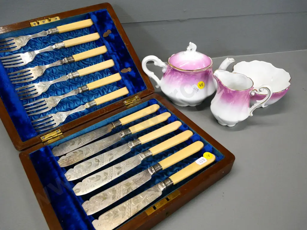 wood-cased engraved bone-handled fish set and a pink & white china 3-piece tea set, no maker's marks Image 1++