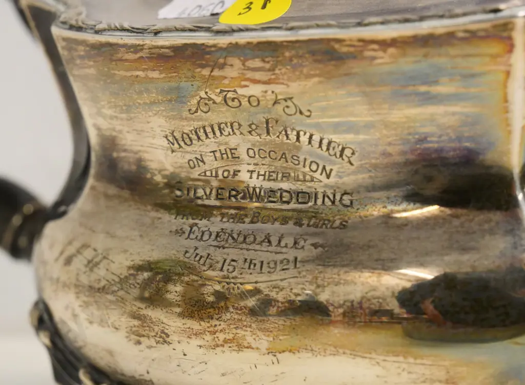 sterling silver teapot with 1921 silver wedding anniversary engraving - bakelite knob broken Image 1++