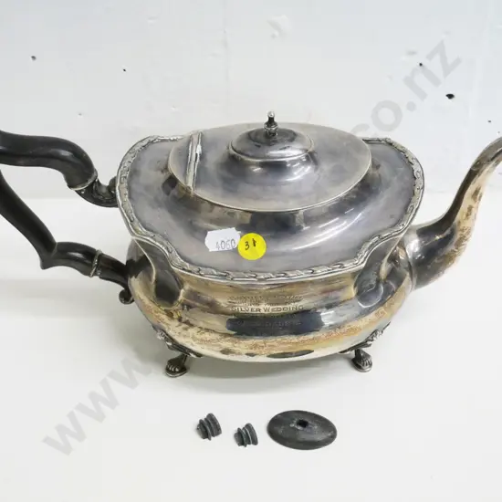 sterling silver teapot with 1921 silver wedding anniversary engraving - bakelite knob broken