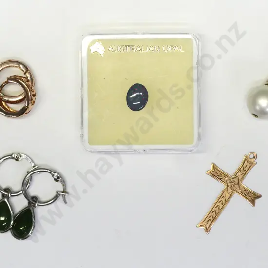 small butterfly wing brooch stamped sterling silver, 3 pairs of earrings, 9ct cruciifix no chain & small opal stone