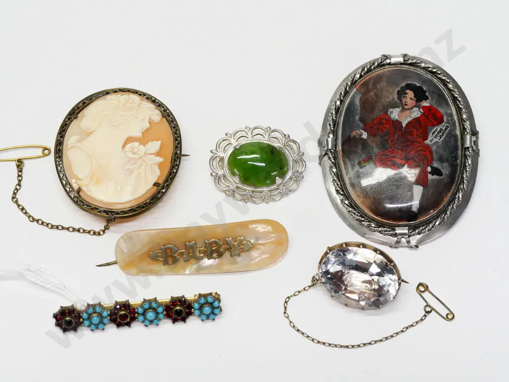 rolled gold garnet tourquois bar brooch, cameo brooch, red boy brooch,mother of pearl 'baby' bar brooch & 2 costume Image 1++