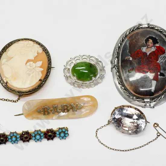 rolled gold garnet tourquois bar brooch, cameo brooch, red boy brooch,mother of pearl 'baby' bar brooch & 2 costume