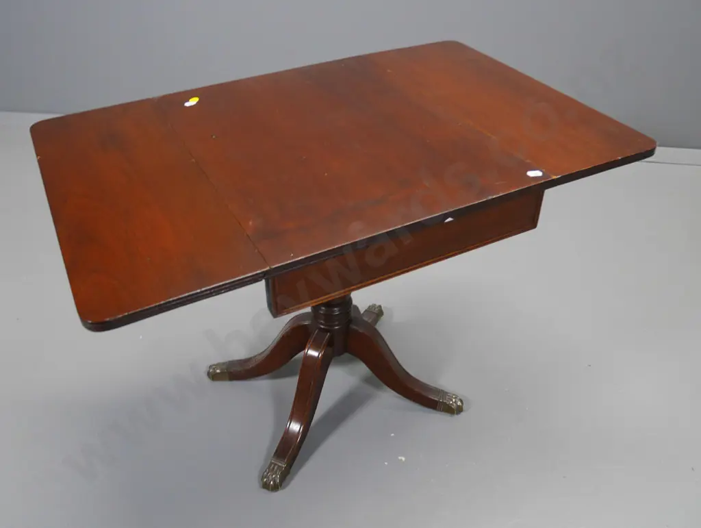 reproduction drop-side occasional table on pedestal base, brass claw feet, had repair to leg H-530 L-750 Extended W-480 Image 1++