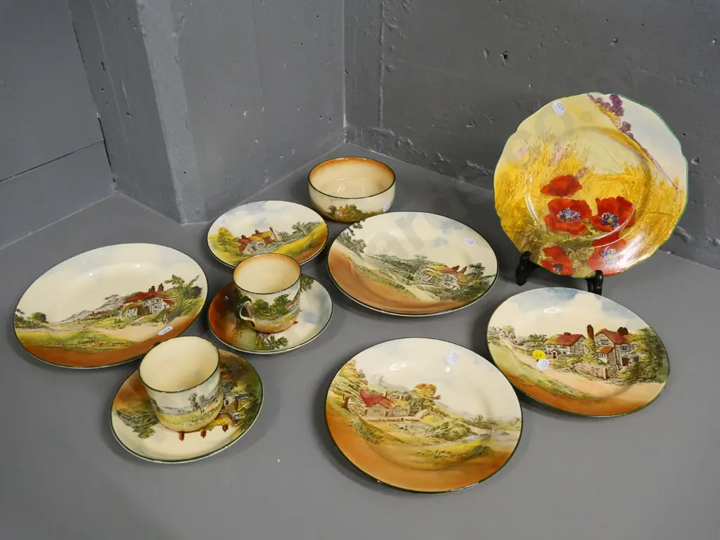 Royal Doulton rustic England series ware - plates, 2 cups & saucers, bowl, and a Doulton poppy plate Image 1++