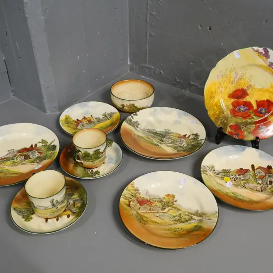 Royal Doulton rustic England series ware - plates, 2 cups & saucers, bowl, and a Doulton poppy plate