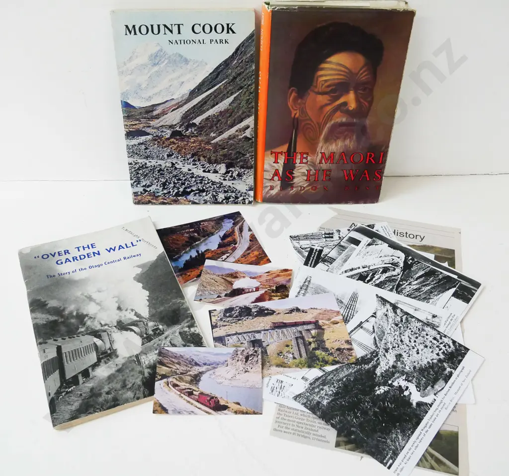 3 books - The Maori As He Was, Mount Cook National Park, & Over the Garden Wall w/ assorted railway photos and clippings Image 1++