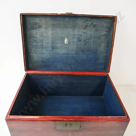 antique Chinese trunk with brass catch - thin leather over fibre board, fabric lining, some damage H330 W730 D480