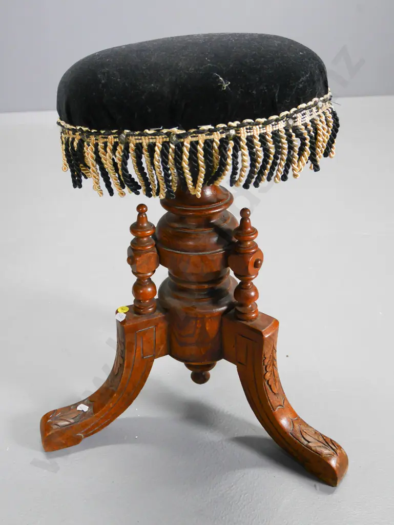vintage carved timber base piano stool with swivel seat - some borer, upholstery fringe pulling away H-490 W-400 Image 1++