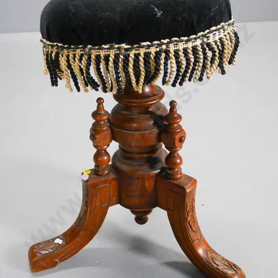 vintage carved timber base piano stool with swivel seat - some borer, upholstery fringe pulling away H-490 W-400