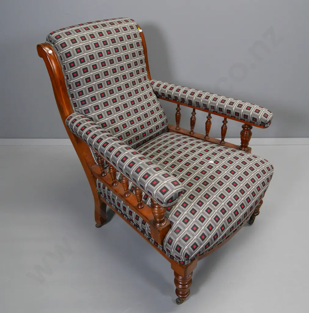 vintage wood-framed armchair w/turned legs & spindle sides, metal casters, geometric tapestry upholstery H940 W730 D800 Image 1++